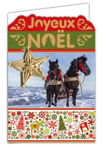 Carte joyeux noël en or doré brillant découpé avec étoile en paille et enveloppe