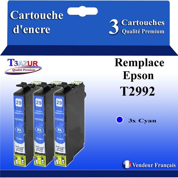 T3AZUR - 3x Cartouches compatibles avec Epson Expression Home XP-235  XP-245  XP-247  XP-255  XP-257  XP-332  XP-335  XP-342  XP-345  XP-352  XP-355  XP-432  XP-435  XP-442  XP-445  XP-452  XP-455  T2992 - Cyan