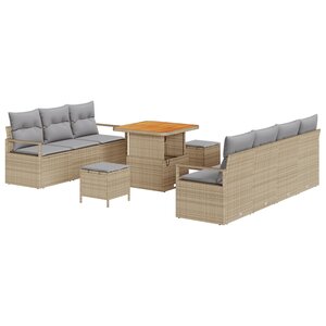 Ensemble de canapé jardin 10 pièces avec coussins Beige Poly Rattan Acacia
