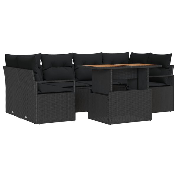 vidaXL Ensemble de Canapés de Jardin 7 Pièces avec Coussins Noir Rattan Poly Acacia