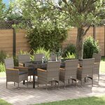 vidaXL Ensemble de salle à manger de jardin de 9 pièces avec coussins en poly rotin gris