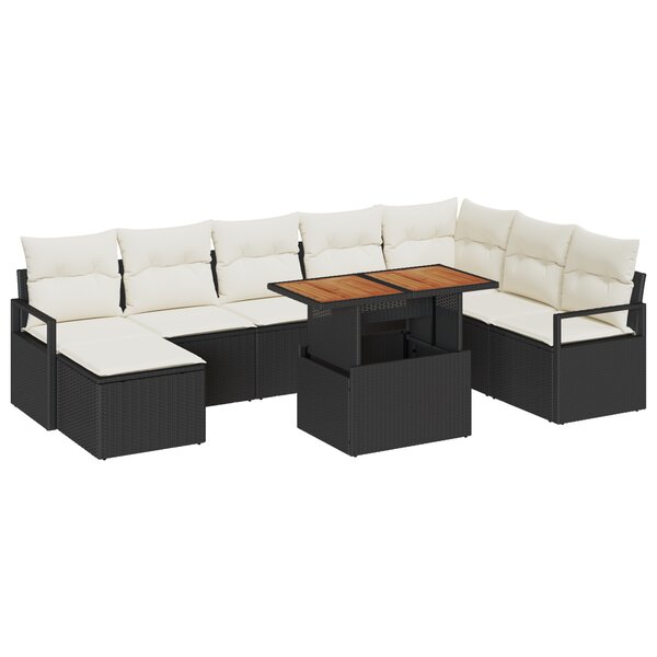 Ensemble de canapé 9 pièces avec coussins en poly rattan noir acacia
