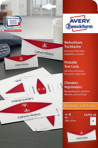 Paquet de 40 chevalets imprimables 190g/m² - format 120 x 45 mm AVERY ZWECKFORM