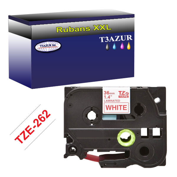 Ruban pour étiquettes laminées génériques Brother Tze-262 pour étiqueteuses P-touch - Texte rouge sur fond blanc - Largeur 36 mm x 8 mètres - T3AZUR