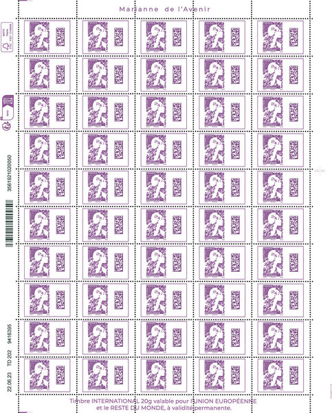 Feuille 50 timbres Marianne de l'avenir - Lettre internationale - Violet