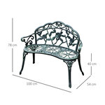 Banc de jardin 2 places style néo-rétro motif rose lignes fuselées 100L x 54l x 78H cm fonte d'aluminium vert vieilli