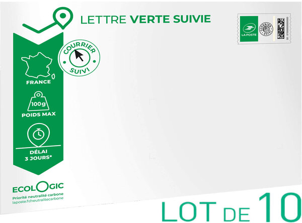 Prêt-à-Poster - Lettre verte suivie - 100g - Format C5 - Enveloppe en lot de 10