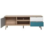 Meuble TV scandinave - chêne  gris  blanc  bleu pétrole - 1 Porte - 150 x 40 x Hauteur 51 cm