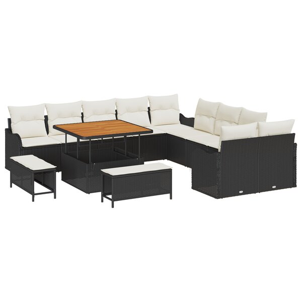 Ensemble de Canapé de Jardin 13 Pièces avec Coussins Noir Rattan Synthétique Acacia