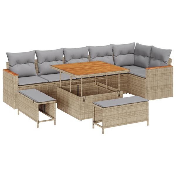 Ensemble de canapé de jardin 9 pièces vidaXL avec coussins Beige Poly Rotin Acacia