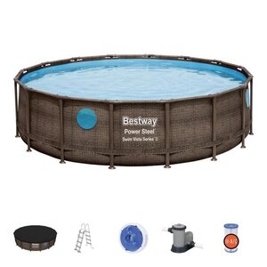 BESTWAY Piscine hors sol ronde Power Steel SwimVista avec hublots - Effet rotin - 488 x 122 cm