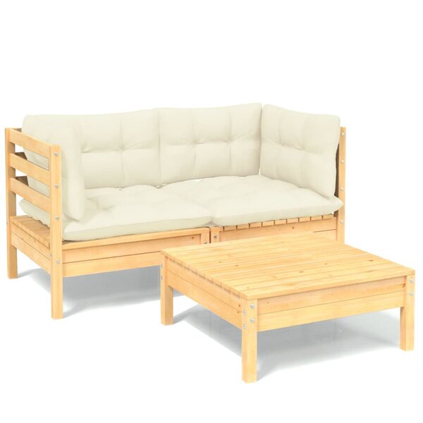 vidaXL Salon de jardin 3 Pièces avec coussins crème bois de pin