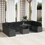 Canapé de jardin 11 pièces avec coussins en rattan noir