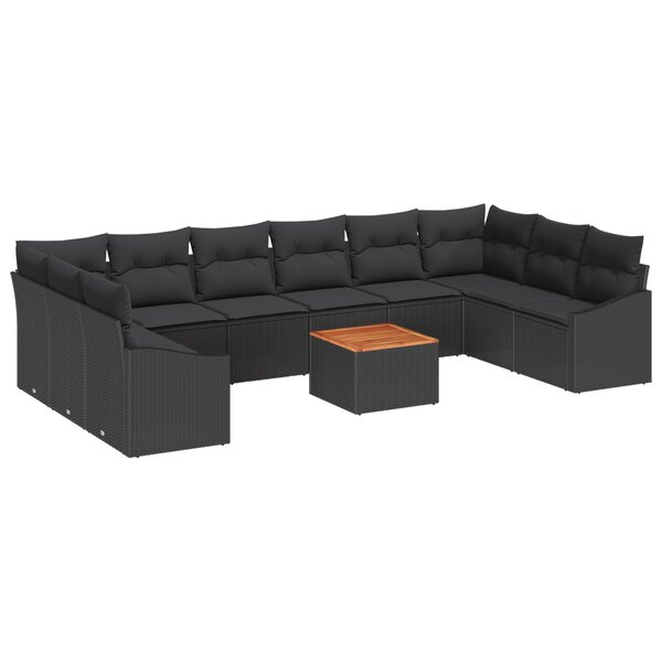 vidaXL Set de canapé de jardin 11 pièces avec coussins Noir Poly Rotin Acacia