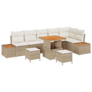 Ensemble de Canapés de Jardin 9 Pièces avec Coussins Beige Poly Rattan Acacia
