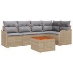 Ensemble de Sofa de Jardin 6 Pièces avec Oreillers Beige Rattan Poly Acacia