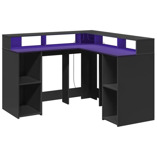 Bureau table poste de travail meuble d'ordinateur informatique étude avec lumières LED 130 x 130 x 91 cm bois d'ingénierie noir 02_0023428