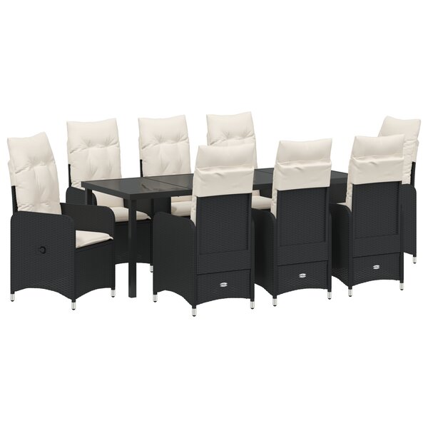 vidaXL Set de salle à manger de jardin 9 pièces avec coussins en noir Poly Rattan