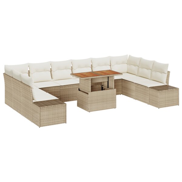 vidaXL Ensemble de salle à manger de jardin 11 pièces avec coussins beige en poly rotin et acacia
