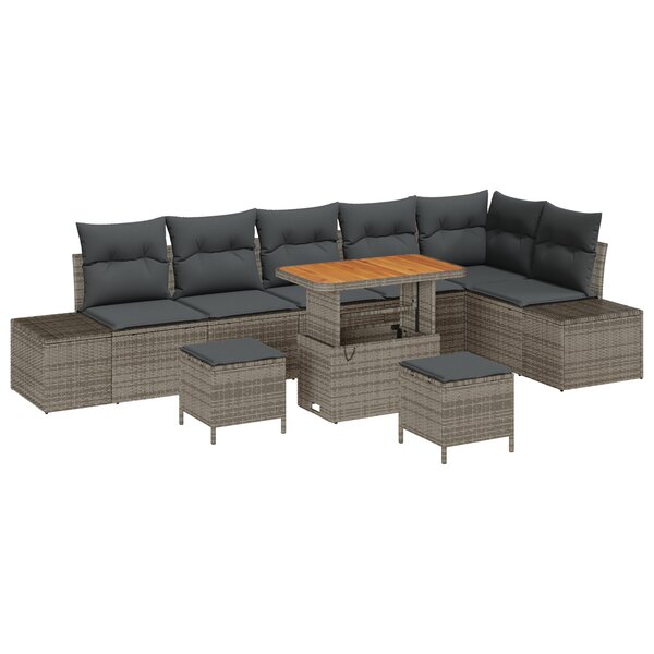 Ensemble de canapé de jardin 9 pièces avec coussins Gris Poly Rotin Acacia