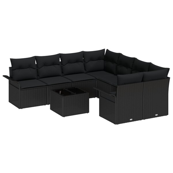 Ensemble de canapé de jardin 9 pièces avec coussins en poly rattan noir