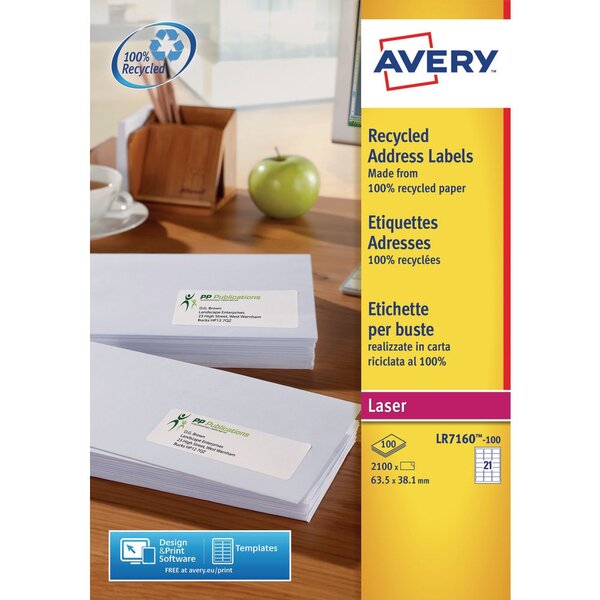 Etiquettes auto-adhésives d'adresses recyclées, faciles à décoller, 63 x 38,1 mm - 100 feuilles, 21 étiquettes par feuilles a4 - blanches (paquet 2100 unités)