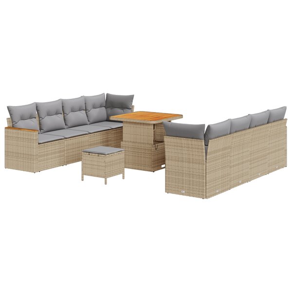 Set de canapé de jardin 11 pièces avec coussins en poly rotin beige acacia