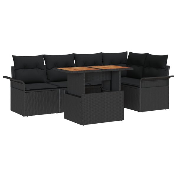 vidaXL Ensemble de Salle à Manger de Jardin de 6 Pièces avec Coussins Noir Poly Rattan Acacia