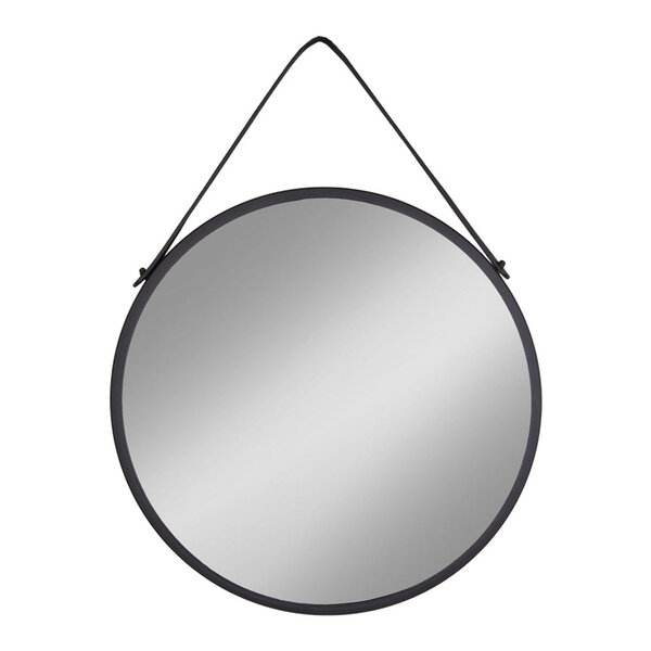 Miroir noir rond en acier avec sangle en cuir synthétique Ø 60 cm