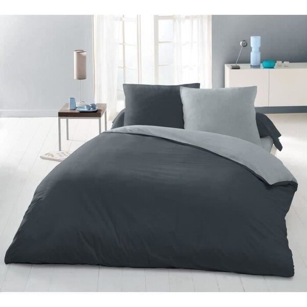 Parure housse de couette 240 x 260 cm et 2 taies d'oreiller - Bicolore Gris clair et foncé