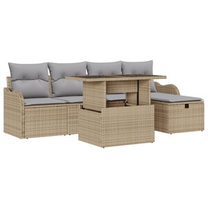 Ensemble de Canapé de Jardin 6 Pièces avec Coussins Beige Poly Rattan