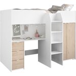 Lit combiné mezzanine enfant - blanc et chêne - Sommier inclus - 90 x 200 cm