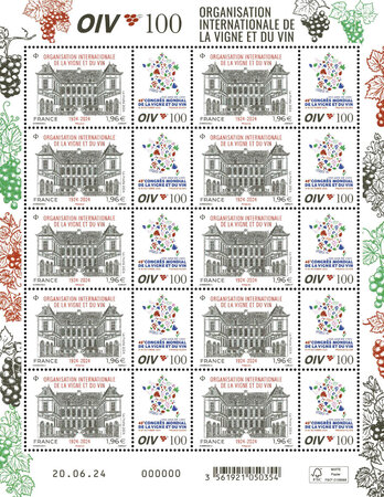 Feuille de 10 timbres - 100 ans de l'Organisation Internationale de la Vigne et du Vin - Lettre Internationale