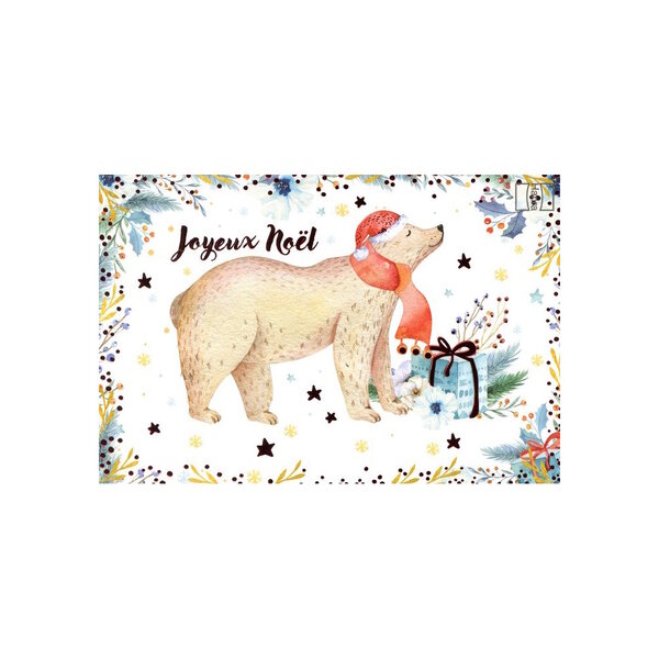 Carte De Voeux - Joyeux Noël Dessin Ours Blanc Décor Brillant Rouge