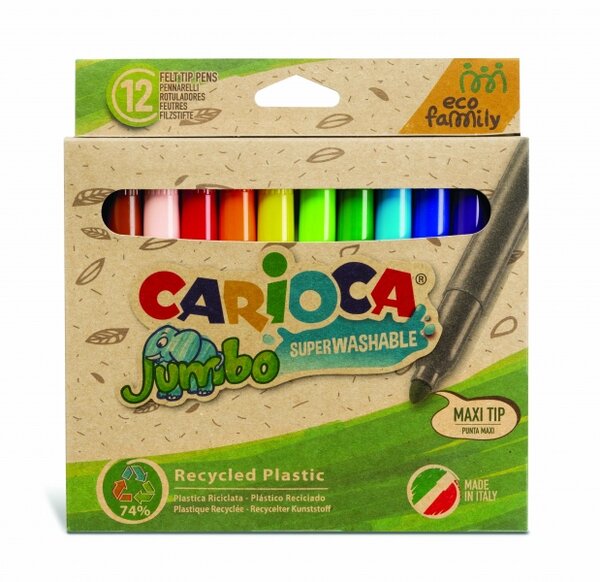 Carioca Jumbo Eco Family Pack de 12 Marqueurs - Pointe Maxi 6 mm - Encre Super Lavable - Capuchon Ventilé - Couleurs Diverses