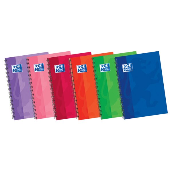 LOT de 5 Oxford School Classic Write&Erase Fº Cahier à Spirale - Couverture Extra Rigide Résistante - 1 Ligne avec Marge - 80 Feuilles - Couleurs Assorties