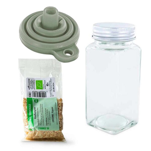 Flacon à épices poudreur + entonnoir + ail semoule 40 g
