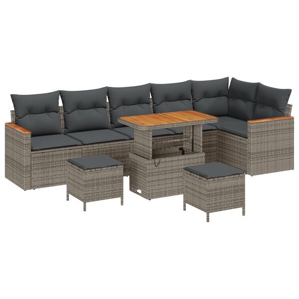 Ensemble de Canapés de Jardin 9 pièces avec Coussins en Gris Poly Rattan Acacia