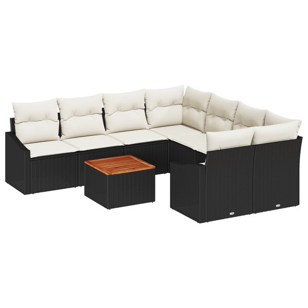 vidaXL Canapé de jardin 9 pièces avec coussins noir poly rattan acacia