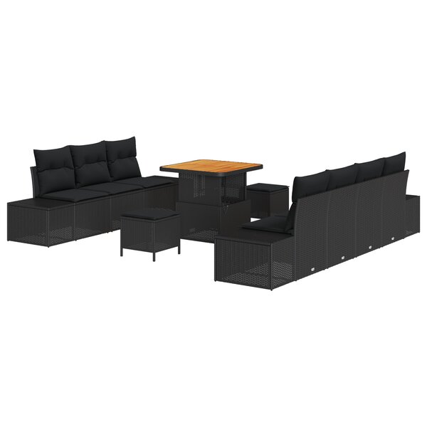 Ensemble de 10 pièces de canapés de jardin avec coussins noir poly rotin acacia