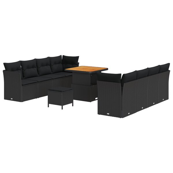 Ensemble de Canapé de Jardin 11 Pièces avec Coussins Noir Rattan Poly Acacia