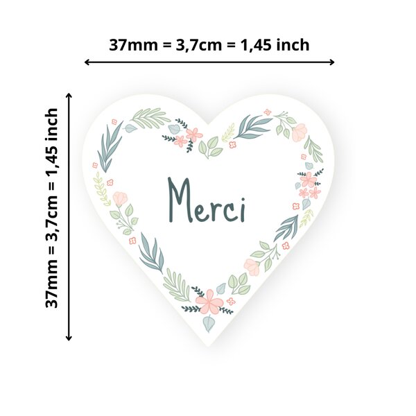 140 Etiquettes Merci Forme Coeur Autocollantes - 37 x 37 mm - Papier Recyclé - courronne de fleurs - 4 Planches A4 de Stickers Cœurs Remerciements pour Mariage  Artisanat et Fêtes