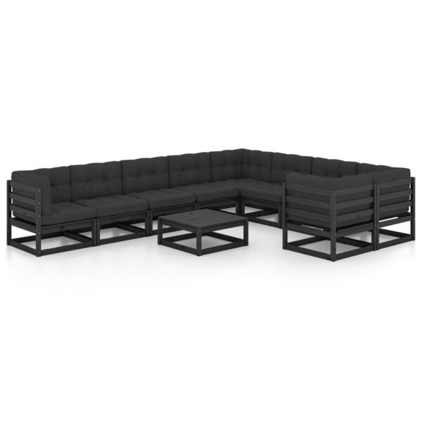 Salon de jardin meuble d'extérieur ensemble de mobilier 10 pièces avec coussins noir bois de pin massif 02_0015112