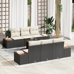 Ensemble de Canapé de Jardin 7 Pièces avec Coussins en Rotin Poly Noir et Acacia