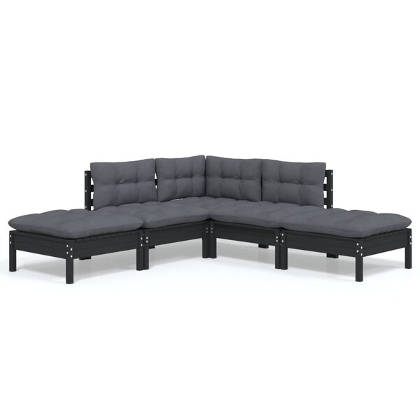vidaXL Salon de jardin 5 Pièces avec coussins Noir Bois de pin
