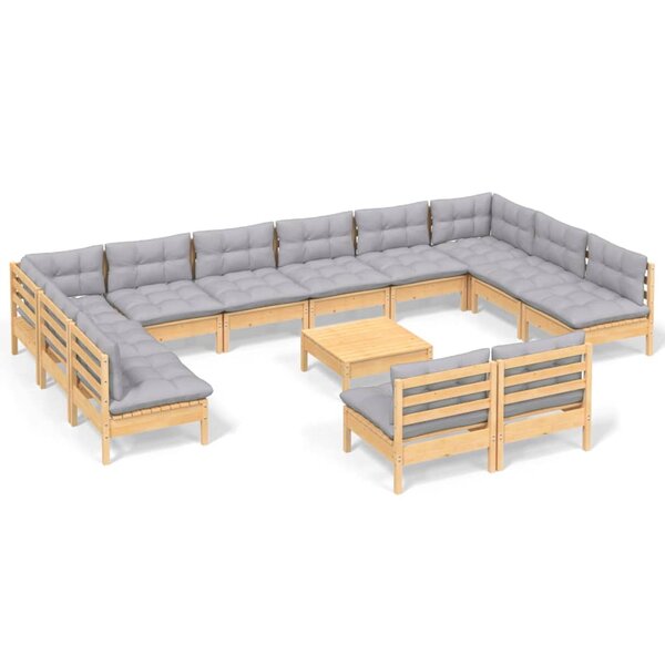 vidaXL Salon de jardin 13 Pièces avec coussins gris Bois de pin solide