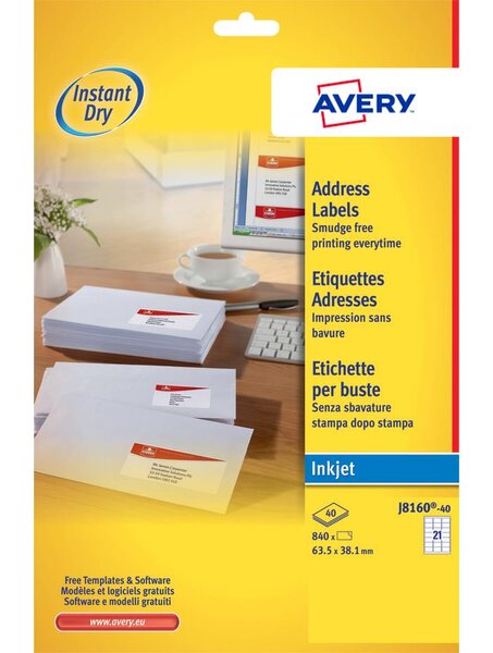 J8160-40 - 840 étiquettes d'adressage blanches adhésives 63,5x38,1mm jet d'encre avery