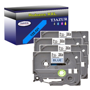 4 x Rubans d'étiquettes laminées générique Brother Tze-521 pour étiqueteuses P-touch - Texte noir sur fond bleu- T3AZUR