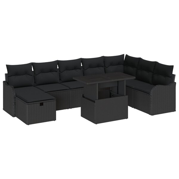 Ensemble de canapé de jardin 9 pièces avec coussins noir poly rattan