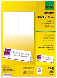 Cartes de table blanc 185 g Pliée 240x90/180 mm Pqt de 20 SIGEL